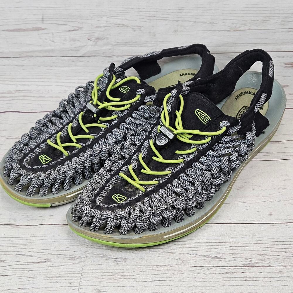 KEEN UNEEK Sandals Men's Grey Black Neon Green US 11.5 Woven Cord Bungee Lace